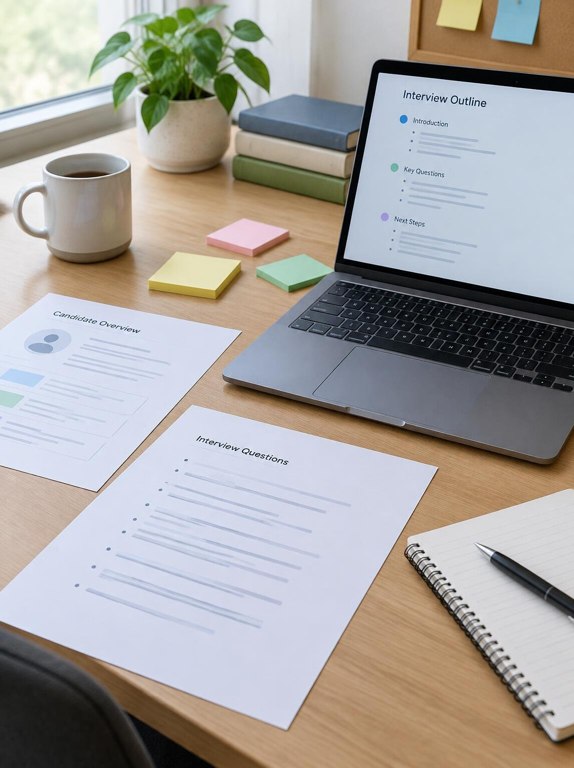 Desk with papers and notes for preparing an interview